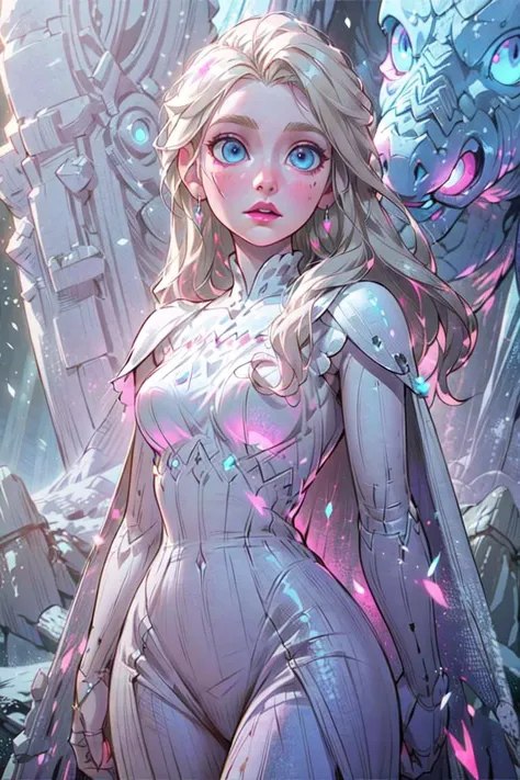 (snow_queen_elsa:1), frozen, (white dress, white cape, blue details dress, long hair, blonde hair, blue eyes, pink lips, pale skin:1.5), (loose hair:1.5), ((blue eyes)), (dress:1), (long dress), cartoony facial features, large round eyes, (white blonde hair:0.9), (realistic:1.2), (masterpiece:1.2), (full-body-shot:1),(Cowboy-shot:1.2), snow, snowing, mountain background, light particles, snow forest background, neon lighting, dark romantic lighting, (highly detailed:1.2),(detailed face:1.2), (gradients), colorful, detailed eyes, (detailed landscape:1.2), (natural lighting:1.2),(detailed background),detailed landscape, (dynamic pose:1.2), close shot, solo, <lora:snow_queen_elsa (1):0.8> <lora:add_detail:0.5> <lora:hipoly3DModelLora_v10:0.05> <lora:RSERomantic_RSESofiko_RSEEmma-v1:0.1>