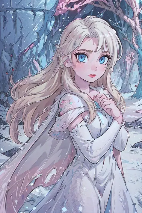(snow_queen_elsa:1), frozen, (white dress, cape, long hair, blonde hair, blue eyes, pink lips, pale skin:1.5), (loose hair:1.5), ((blue eyes)), (dress:1), (long dress), cartoony facial features, large round eyes, blonde hair, (realistic:1.2), (masterpiece:1.2), (full-body-shot:1),(Cowboy-shot:1.2), snow, snowing, mountain background, light particles, snow forest background, neon lighting, dark romantic lighting, (highly detailed:1.2),(detailed face:1.2), (gradients), colorful, detailed eyes, (detailed landscape:1.2), (natural lighting:1.2),(detailed background),detailed landscape, (dynamic pose:1.2), close shot, solo, <lora:snow_queen_elsa (1):0.8> <lora:add_detail:0.5> <lora:hipoly3DModelLora_v10:0.05> <lora:RSERomantic_RSESofiko_RSEEmma-v1:0.1>
