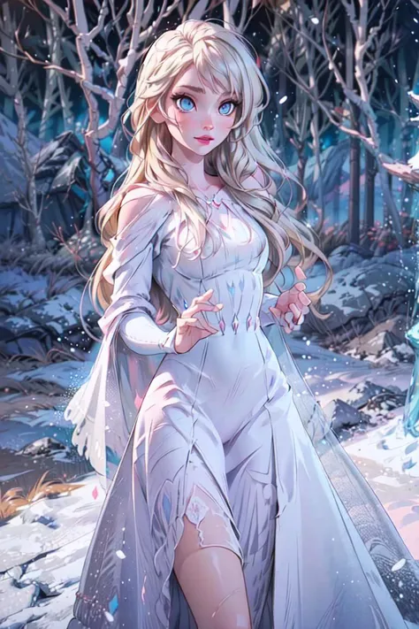 (snow_queen_elsa:1), (using magic powers, snow powers, snow flurries, shooting snow out of hands), (using magic powers:1.5), frozen, (white dress, white cape, blue details dress, long hair, blonde hair, blue eyes, pink lips, pale skin:1.5), (loose hair:1.5), ((blue eyes)), (dress:1), (long dress), cartoony facial features, large round eyes, (white blonde hair:0.9), (realistic:1.2), (masterpiece:1.2), (full-body-shot:1),(Cowboy-shot:1.2), snow, snowing, mountain background, light particles, snow forest background, neon lighting, dark romantic lighting, (highly detailed:1.2),(detailed face:1.2), (gradients), colorful, detailed eyes, (detailed landscape:1.2), (natural lighting:1.2),(detailed background),detailed landscape, (cute pose:1.2), close shot, solo, <lora:snow_queen_elsa (1):0.8> <lora:add_detail:0.5> <lora:hipoly3DModelLora_v10:0.05> <lora:RSERomantic_RSESofiko_RSEEmma-v1:0.1>