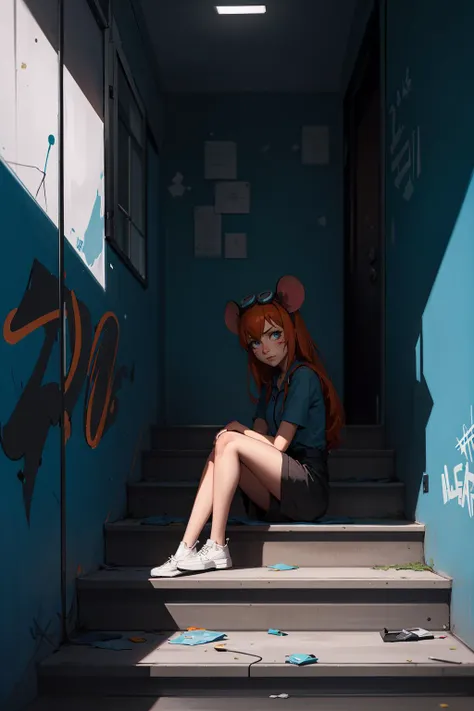 (masterpiece, best quality), detailed, dim lights, 1girl, solo, gadget_hackwrench, gh_goggles, mouse ears, serious, orange hair, long hair, looking at viewer, sitting on the steps, <lora:gadget_hackwrench:0.6> <lora:podjezd:0.6>, podjezd, stairs, staircase, garbage, wall, graffity, <lora:LowRA:0.5>