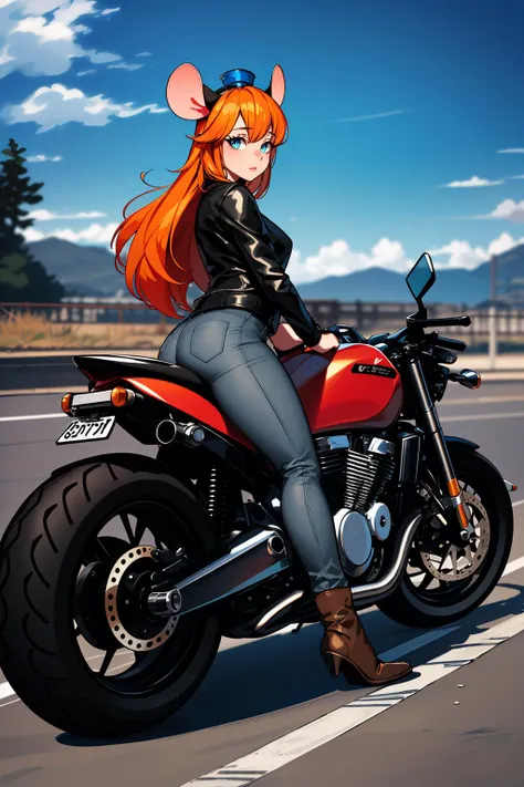 (masterpiece, best quality), detailed, cowboy shot, 1girl, solo, gadget_hackwrench, gh_goggles, mouse ears, orange hair, long hair, black leather jacket, jeans,<lora:gadget_hackwrench:0.7>, <lora:LowRA:0.4> , <lora:Moto:0.5>, motor vehicle, motorcycle, on motorcycle, ground vehicle