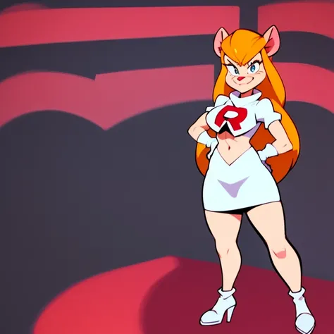 <lora:gadget_hackwrench:1>, gadget_hackwrench, evil smile,
<lora:teamRocketUniform_V1:1>, team rocket uniform, white croptop, short white skirt, (high heels), (high quality:1.45), masterpiece, detailed, highres