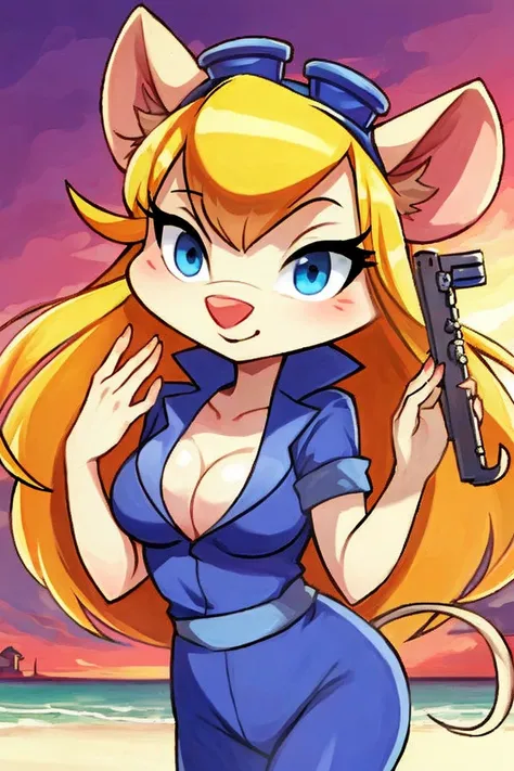 sky, beach, sunset, (cowboy shot), solo, 1girl, <lora:gadgetHackwrench_v01:1>, gadget_hackwrench, gh_clothes, jumpsuit, gh_goggles, goggles on head, mouse girl, mouse ears, [snout], furry