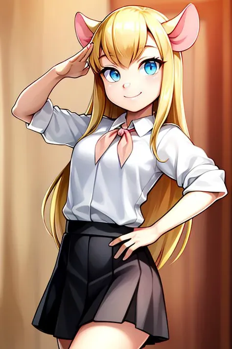 <lora:gadget_hackwrench_v10:0.75> gadget_hackwrench, cowboy shot, smile, solo, blonde hair, (snout), mouse ears, 
<lora:sovietPioneers_sopiV10:1.2>, sopi, white shirt, [[red tie]], saluting, black skirt, (unsymmetrical), (high quality:1.2), masterpiece, detailed, highres, 4k, sharp focus