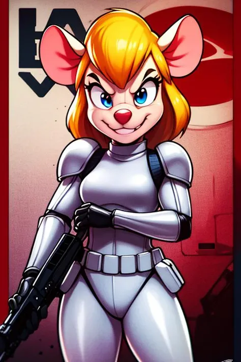 <lora:gadget_hackwrench_v10:0.85> gadget_hackwrench, cowboy shot, ((evil smile)), angry, solo, blonde hair, snout, mouse ears, (knit brows), soft red light, (clenched teeth), 
<lora:stormTrooperStarWars_v1:0.7>, storm trooper, white armour, movie poster, (high quality:1.2), masterpiece, detailed, highres, 4k, sharp focus