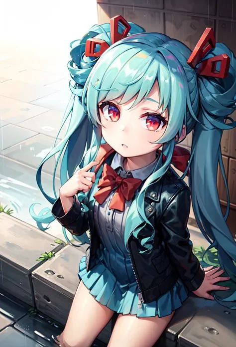 ((masterpiece, best quality)), 1girl, outdoors, rain, looking above
maud, long hair, red eyes, blue hair, twintails, jacket, blue dress <lyco:maudJubeat:0.8>