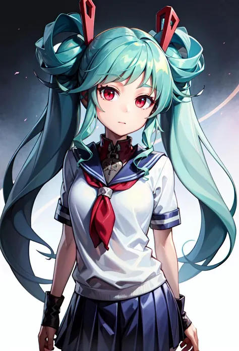 ((masterpiece, best quality)), 1girl, maud, long hair, red eyes, blue hair, twintails, serafuku, school uniform, skirt <lyco:maudJubeat:0.8>