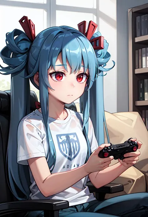((masterpiece, best quality)), 1girl, playing video games, indoors, emotionless, dark room
maud, long hair, red eyes, blue hair, twintails, white shirt, t-shirt <lyco:maudJubeat:0.8>