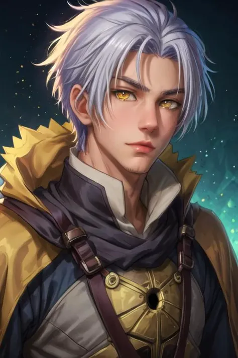 masterpiece, best quality, , 1boy, solo, male focus, looking at viewer, upper body, , <lora:youm_farmenas:0.66>, youm_farmenas, grey hair, yellow eyes, scarecrow costume, sci-fi, HD