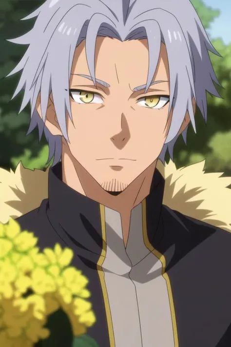 masterpiece, best quality, , 1boy, solo, male focus, looking at viewer, upper body, depth of field, <lora:youm_farmenas:0.64>, youm_farmenas, grey hair, yellow eyes
