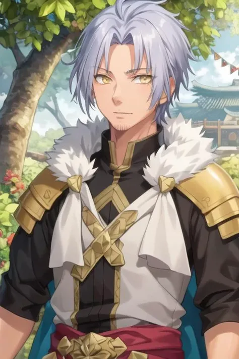 masterpiece, best quality, game cg, 1boy, solo, male focus, looking at viewer, upper body, depth of field, <lora:youm_farmenas:0.66>, youm_farmenas, grey hair, yellow eyes, , , Shambhala: A hidden paradise where enlightened beings live in perfect harmony, 8k resolution