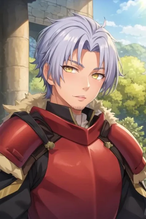 masterpiece, best quality, game cg, 1boy, solo, male focus, looking at viewer, upper body, depth of field, <lora:youm_farmenas:0.64>, youm_farmenas, grey hair, yellow eyes, decade costume, medieval europe, HD-DVD