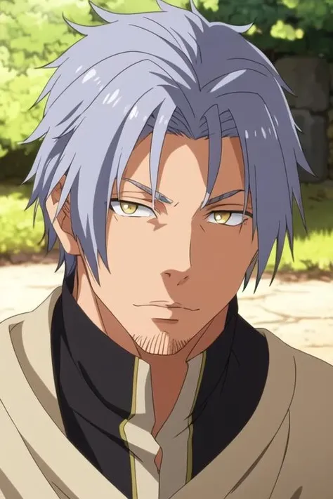 masterpiece, best quality, photorealistic, 1boy, solo, male focus, looking at viewer, , depth of field, <lora:youm_farmenas:0.74>, youm_farmenas, grey hair, yellow eyes