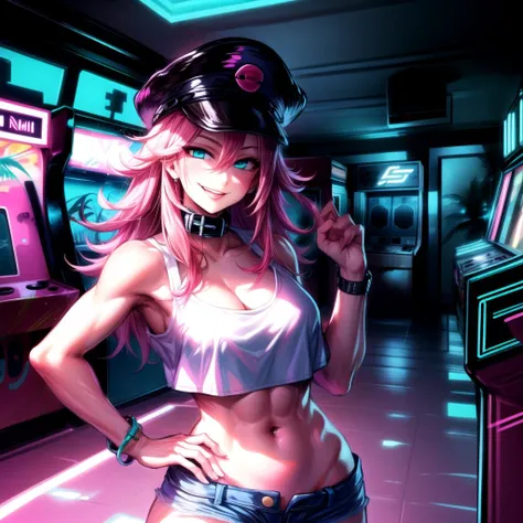 (best quality:1.4, high quality), <lora:miami_vice_arcade_retreat:0.8> miami_vice_arcade_retreat, indoors,
<lora:poison-nv-v1:0.7> poison (sf), poison (sf), denim shorts, white crop top, toned body, peaked cap, collar, smirk, sexy pose,
<lora:more_details:0.8>