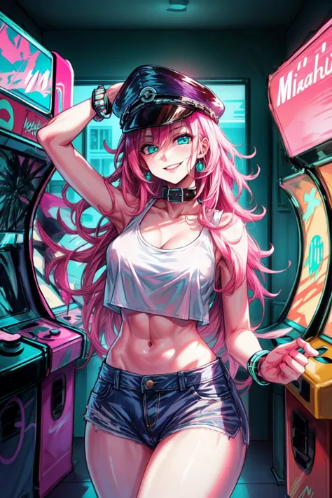 (best quality:1.4, high quality), <lora:miami_vice_arcade_retreat:0.8> miami_vice_arcade_retreat, indoors,
<lora:poison-nv-v1:0.7> poison (sf), poison (sf), denim shorts, white crop top, toned body, peaked cap, collar, smirk, sexy pose,
<lora:more_details:0.8>