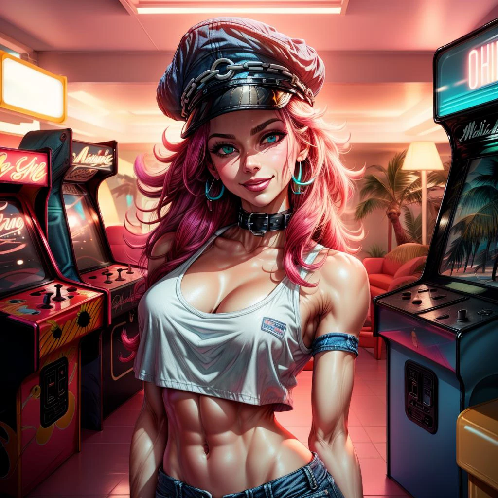 (best quality:1.4, high quality), <lora:miami_vice_arcade_retreat:0.8> miami_vice_arcade_retreat, indoors,
<lora:poison-nv-v1:0.7> poison (sf), poison (sf), denim shorts, white crop top, toned body, peaked cap, collar, smirk, sexy pose,
<lora:more_details:0.8>