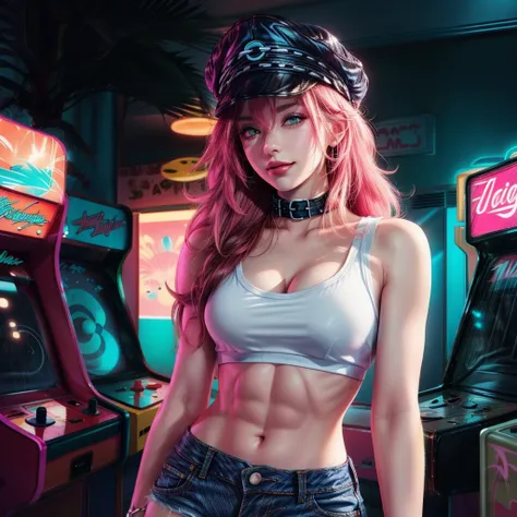 (best quality:1.4, high quality), <lora:miami_vice_arcade_retreat:0.8> miami_vice_arcade_retreat, indoors,
<lora:poison-nv-v1:0.7> poison (sf), poison (sf), denim shorts, white crop top, toned body, peaked cap, collar, smirk, sexy pose,
<lora:more_details:0.8>