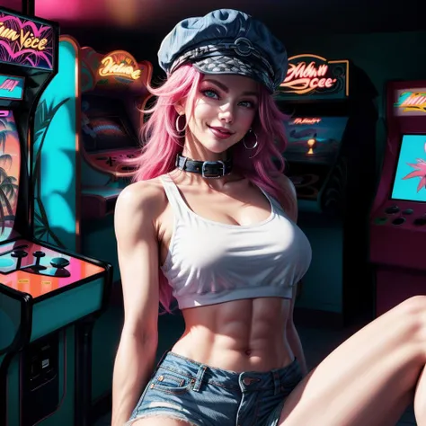 (best quality:1.4, high quality), <lora:miami_vice_arcade_retreat:0.8> miami_vice_arcade_retreat, indoors,
<lora:poison-nv-v1:0.7> poison (sf), poison (sf), denim shorts, white crop top, toned body, peaked cap, collar, smirk, sexy pose,
<lora:more_details:0.8>