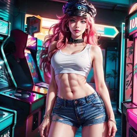 (best quality:1.4, high quality), <lora:miami_vice_arcade_retreat:0.8> miami_vice_arcade_retreat, indoors,
<lora:poison-nv-v1:0.7> poison (sf), poison (sf), denim shorts, white crop top, toned body, peaked cap, collar, smirk, sexy pose,
<lora:more_details:0.8>