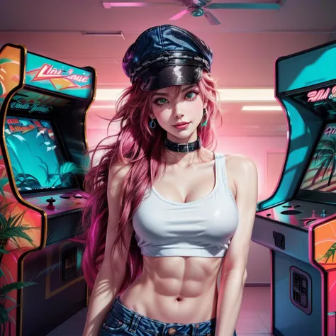 (best quality:1.4, high quality), <lora:miami_vice_arcade_retreat:0.8> miami_vice_arcade_retreat, indoors,
<lora:poison-nv-v1:0.7> poison (sf), poison (sf), denim shorts, white crop top, toned body, peaked cap, collar, smirk, sexy pose,
<lora:more_details:0.8>