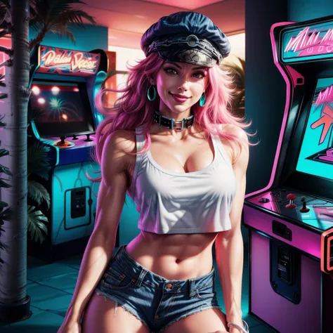 (best quality:1.4, high quality), <lora:miami_vice_arcade_retreat:0.8> miami_vice_arcade_retreat, indoors,
<lora:poison-nv-v1:0.7> poison (sf), poison (sf), denim shorts, white crop top, toned body, peaked cap, collar, smirk, sexy pose,
<lora:more_details:0.8>