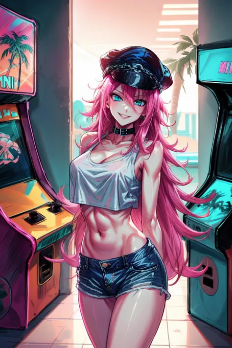 (best quality:1.4, high quality), <lora:miami_vice_arcade_retreat:0.8> miami_vice_arcade_retreat, indoors,
<lora:poison-nv-v1:0.7> poison (sf), poison (sf), denim shorts, white crop top, toned body, peaked cap, collar, smirk, sexy pose,
<lora:more_details:0.8>