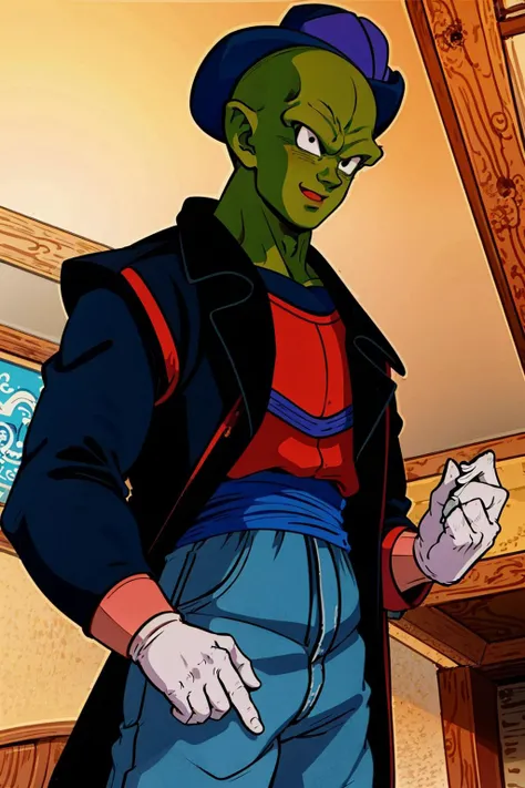 masterpiece, best quality, piccolo,1boy, male focus, cowboy shot, solo, standing,green skin, (blue top hat), red vest, black long coat, long black sleeves,white gloves, green pants, looking at viewer, bald,black eyes, from below,open mouth, smile, interior, (pointy ears:0.5),(bald)