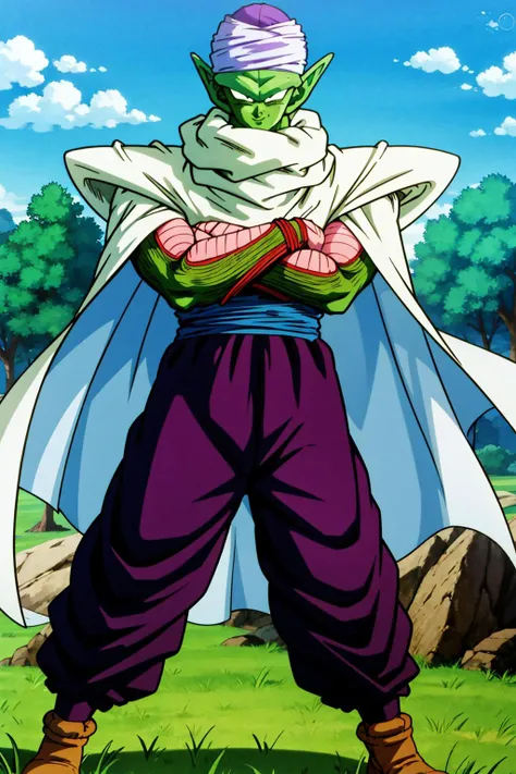 masterpiece, best quality, piccolo,1boy, male focus, upper body, solo, standing, pointy ears,purple dougi,purple pants,green skin,blue sash,(white turban), white cape,smile,closed mouth, looking at viewer, bald,black eyes, from below,crossed arms, rocky grassfields, pink patches <lora:piccolo_v1_4_15ep-000015:1>, <lora:dbsuper_style_offset:1>