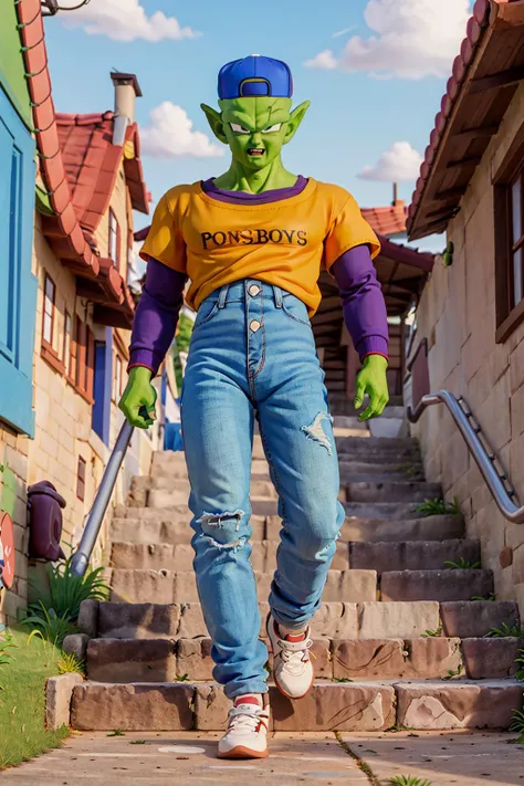 masterpiece, best quality, piccolo,1boy, male focus, solo, climbing stairs, pointy ears,(yellow t-shirt),purple sleeves, green skin,hips high jeans,(blue baseball cap),parted lips, fangs, looking at viewer, bald,black eyes, clothes writing,backwards hat,sneakers