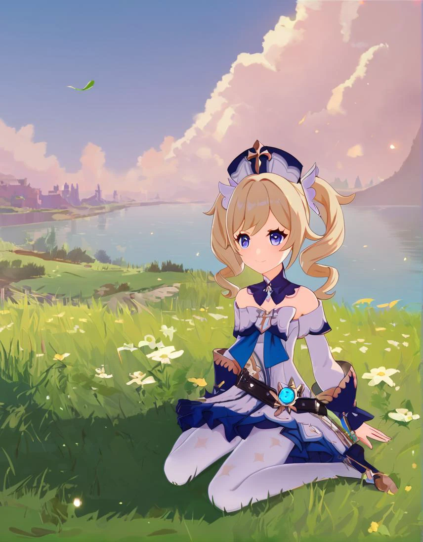 (score_9, score_8_up,score_7_up:1.2), rating_safe, wallpaper,
BREAK , <lora:Barbarax_xl:1> ,1girl, blonde hair, long hair,twintails,twin drills, blue eyes, hat,latin cross,bow,white dress,frilled skirt,detached sleeves,white pantyhose,book,belt, bare shoulders,
BREAK outside, flower field, day, daylight, sky, lake,
BREAK sitting on grass, posing, soft smile, cute, close up,
BREAK ,<lora:GenshinLycoXL:0.9> vision \(genshin impact\),