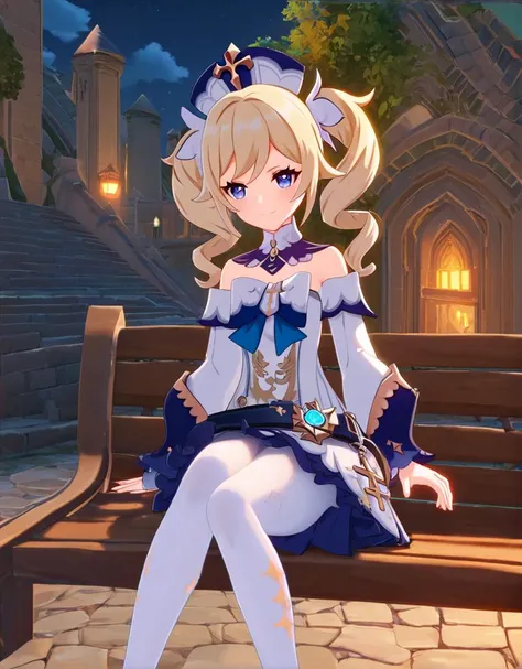 (score_9, score_8_up,score_7_up:1.2), rating_safe, wallpaper,
BREAK , <lora:Barbarax_xl:1> ,1girl, blonde hair, long hair,twintails,twin drills, blue eyes, hat,latin cross,bow,white dress,frilled skirt,detached sleeves,white pantyhose,book,belt, bare shoulders,
BREAK outside, in (city:1.1), ht sky, sky, stone building, lamp, wooden bench,
BREAK sitting, posing, soft smile, cute, close up,
BREAK ,<lora:GenshinLycoXL:0.9> vision \(genshin impact\),