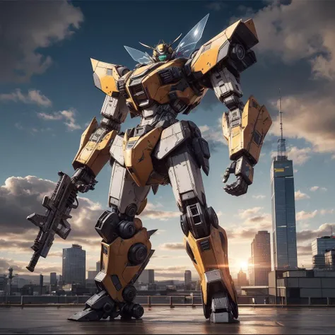 bumblebee, sky, cloud, holding_weapon, no_humans, glowing, , robot, building, glowing_eyes, mecha, science_fiction, city, realistic,mecha