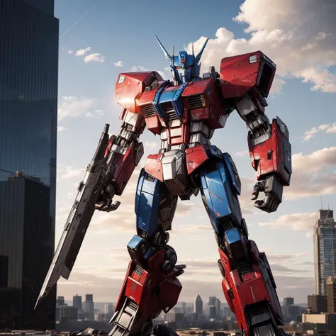 optimus prime, sky, cloud, holding_weapon, no_humans, glowing, , robot, building, glowing_eyes, mecha, science_fiction, city, realistic,mecha