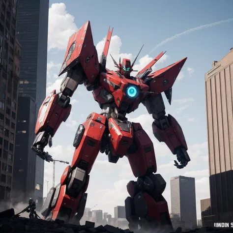 Ironhide, sky, cloud, holding_weapon, no_humans, glowing, , robot, building, glowing_eyes, mecha, science_fiction, city, realistic,mecha