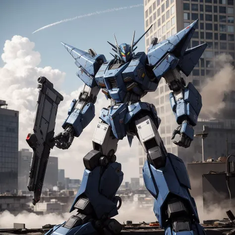Soundwave,black,(transformer:1.1),sky,cloud,holding_weapon,no_humans,glowing,robot,building,glowing_eyes,mecha,science_fiction,city,realistic,mecha,