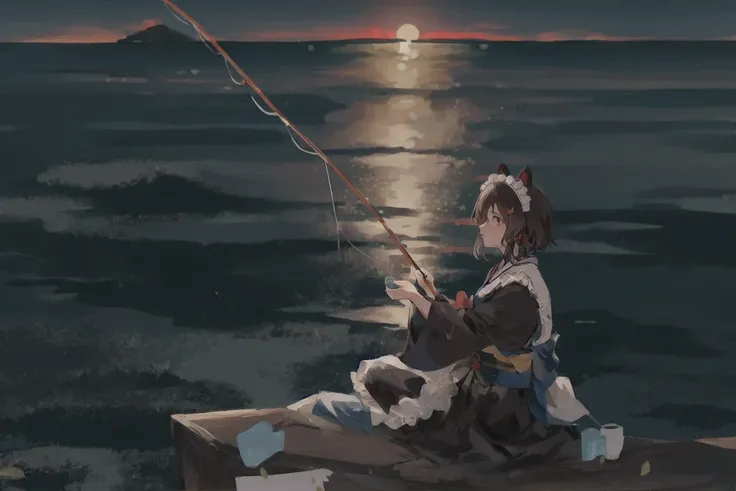 masterpiece, best quality, ultra-detailed, illustration, portrait, best Light and Shadow quality,
close up,
<lora:inuitoko:0.80>,InuiTokoMaid,((1girl)), animal ears, maid headdress, (brown black )maid kimono,
1girl, japanese_clothes, kimono, short_hair, long_sleeves, sitting, solo, water, holding fishing rod,  wide_sleeves
sunset,