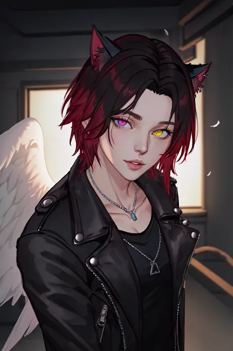 <lyco:Chris_Xvoor-06:0.8>Chris_Xvoor, solo, looking at viewer, short hair, blue eyes, shirt, black hair, red eyes, animal ears, jewelry, jacket, upper body, red hair, open clothes, wings, horns, cat ears, necklace, open jacket, lips, black jacket, black shirt, heterochromia, feathered wings, angel wings, white wings, leather, single wing, leather jacket,NeonLightingScene