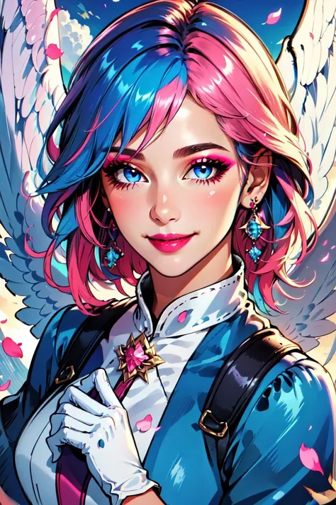 Regality Style, 1girl, blue eyes, blue hair, bodysuit, closed mouth, cloud, dress, earrings, gloves, jewelry, lips, lipstick, looking at viewer, makeup, mechanical wings, medium breasts, medium hair, petals, pink hair, pink lips, smile, solo, white gloves, wings<lora:Regal:0.75>