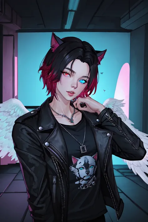 <lyco:Chris_Xvoor-06:0.8>Chris_Xvoor, solo, looking at viewer, short hair, blue eyes, shirt, black hair, red eyes, animal ears, jewelry, jacket, upper body, red hair, open clothes, wings, horns, cat ears, necklace, open jacket, lips, black jacket, black shirt, heterochromia, feathered wings, angel wings, white wings, leather, single wing, leather jacket, NeonLighting