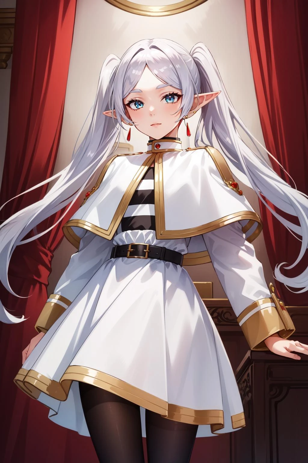 (masterpiece, best quality), intricate details,
1girl, <lora:frieren-08:0.8> frieren, long hair, pointy ears, jewelry, earrings, twintails, long sleeves, capelet, white capelet, dress, parted bangs, white dress, belt, pantyhose