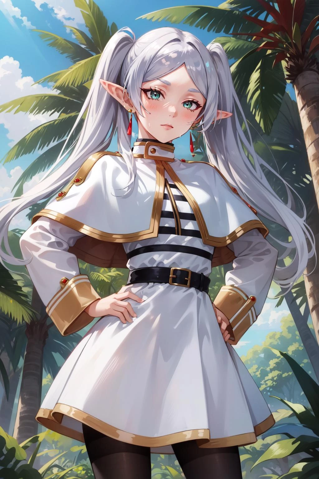 (masterpiece, best quality), intricate details,
1girl, <lora:frieren-08:0.8> frieren, long hair, pointy ears, jewelry, earrings, twintails, long sleeves, capelet, white capelet, dress, parted bangs, white dress, belt, pantyhose
sweating, outdoors, jungle, hot, hands on hips, bored,