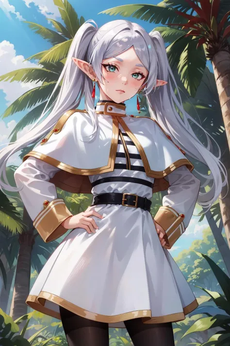 (masterpiece, best quality),  intricate details,
1girl,     <lora:frieren-08:0.8> frieren, long hair, pointy ears, jewelry, earrings, twintails, long sleeves, capelet, white capelet, dress, parted bangs, white dress, belt, pantyhose
sweating, outdoors, jungle, hot,  hands on hips, bored,