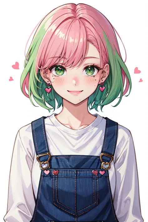 1girl, blush, earrings, green eyes, green hair, heart, jewelry, long sleeves, looking at viewer, mole, mole under eye, overalls, pink hair, ring, shirt, short hair, simple background, smile, solo, upper body, white background, white shirt