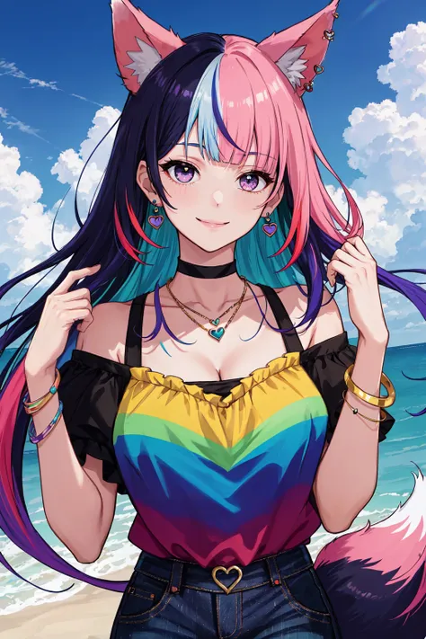 1girl, bare shoulders, beach, blue hair, blunt bangs, bracelet, choker, cleavage, cloud, day, dress, earrings, frilled dress, frills, grey eyes, hands up, heart, jewelry, large breasts, looking at viewer, multicolored clothes, multicolored dress, multicolored skirt, necklace, ocean, off shoulder, outdoors, pink hair, rainbow, rainbow hair, sky, smile, solo, streaked hair, two-tone dress, water EarthFox