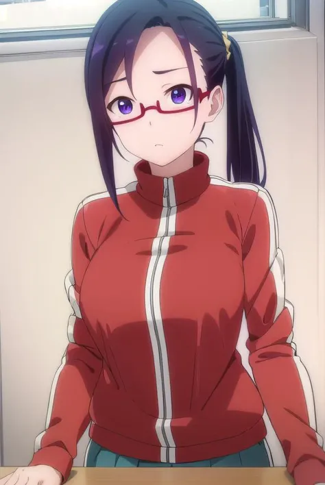 sakiesatou, <lora:sakie satou s1-lora-nochekaiser:1>,
sakie satou, long hair, black hair, (purple eyes:1.1), ponytail, glasses, semi-rimless eyewear, red-framed eyewear, under-rim eyewear,
BREAK jacket, track jacket, track suit, (red jacket:1.3)
BREAK indoors, classroom,
BREAK looking at viewer, (cowboy shot:1.5),
BREAK <lyco:GoodHands-beta2:1>, (masterpiece:1.2), best quality, high resolution, unity 8k wallpaper, (illustration:0.8), (beautiful detailed eyes:1.6), extremely detailed face, perfect lighting, extremely detailed CG, (perfect hands, perfect anatomy),