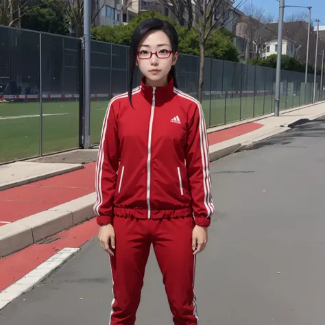 <lora:sakie satou s1-lora-nochekaiser:0.8>,looking at viewer,
sakie satou,long hair,black hair,(purple eyes:1.1),glasses,semi-rimless eyewear,red-framed eyewear,under-rim eyewear,
ponytail,jacket,track jacket,breast,track suit,(red jacket:1.3),
full body,standing,