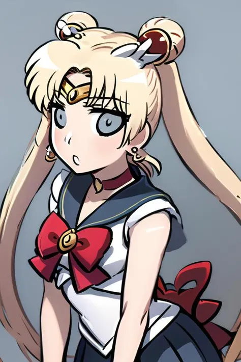 lips apart,8K,masterpiece,photo realistic, super detailed skin ,professional lighting, <lora:gudaguda:1> gudaguda, chibi, o_o, <lora:sailor_moon_v1:0.6> aausagi, double bun, twintails, parted bangs, circlet, jewelry, earrings, choker, red bow, white gloves, elbow gloves, blue skirt,hair ornament