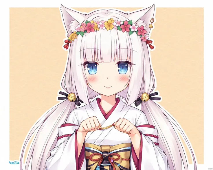 nekopara, Vanilla_\(nekopara\), Nekopara_Vanilla, 1girl, animal_ears, solo, japanese_clothes, cat_ears, blue_eyes, long_hair, flower, twintails, kimono, looking_at_viewer, white_hair, blush, miko, paw_pose, upper_body, hair_ornament, low_twintails, slit_pupils, hair_flower, wide_sleeves, bangs, blunt_bangs, head_wreath, ribbon, bell, smile, artist_name, holding<lora:EMS-320503-EMS:0.200000>, <lora:EMS-301034-EMS:0.300000>