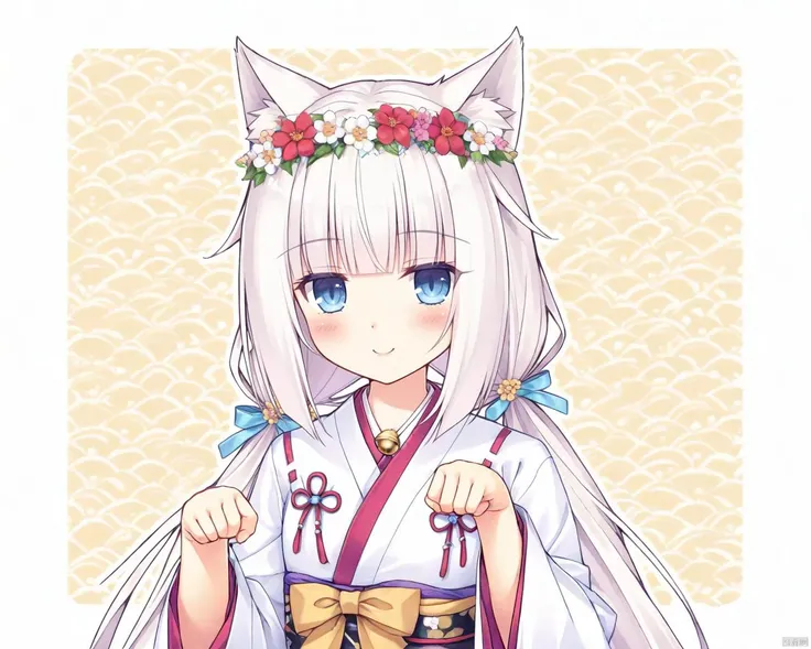 nekopara, Vanilla_\(nekopara\), Nekopara_Vanilla, 1girl, animal_ears, solo, japanese_clothes, cat_ears, blue_eyes, long_hair, flower, twintails, kimono, looking_at_viewer, white_hair, blush, miko, paw_pose, upper_body, hair_ornament, low_twintails, slit_pupils, hair_flower, wide_sleeves, bangs, blunt_bangs, head_wreath, ribbon, bell, smile, artist_name, holding<lora:EMS-320503-EMS:0.200000>, <lora:EMS-301034-EMS:0.300000>