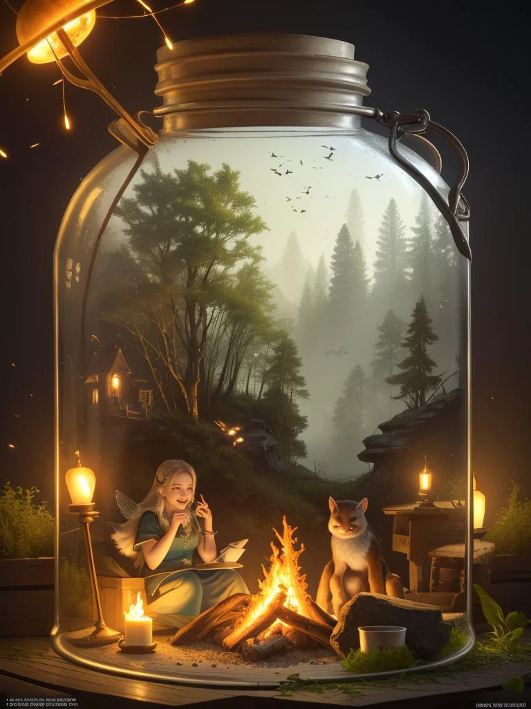 (masterpiece, best quality, realistic), wallpaper, intricate details, official art, artstation, natural lighting, (fantasy forest background), fireflies, foggy, octane render
BREAK
1girl fairy sitting and roast a marshmallow over the campfire, green eyes, laughing, <lyco:bottle_locon_v2m:0.7>, jar, glass bottle, gib\(concept\)